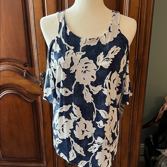 INC International Concepts Tops - INC Navy and White Floral Women's cold shoulder Top, NWT, L